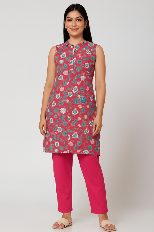 🌸 Fuchsia Pink Floral Kurti Set
