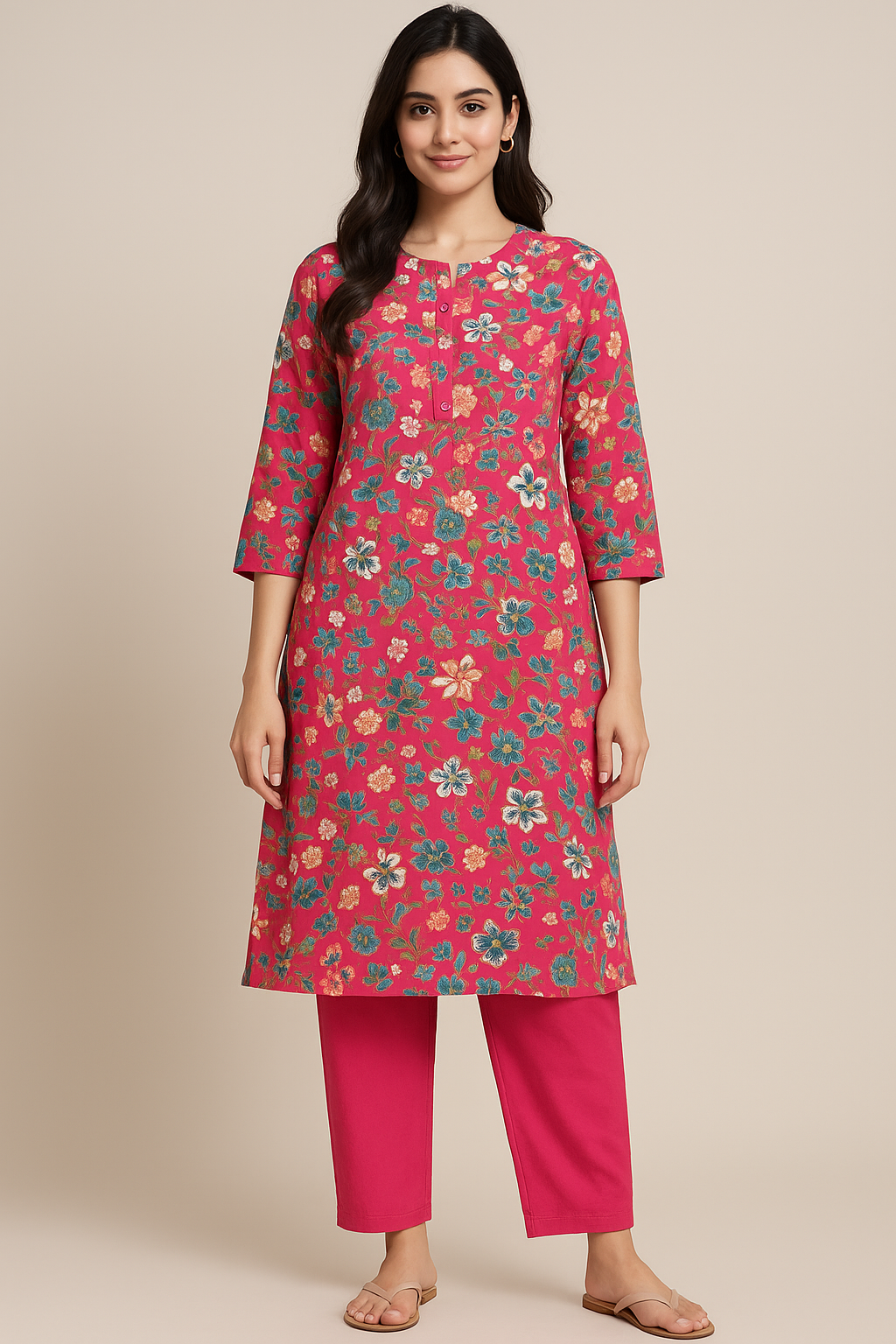 🌸 Fuchsia Pink Floral Kurti Set