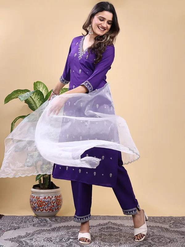 Elegant Purple Embroidered Kurti Set with Organza Dupatta