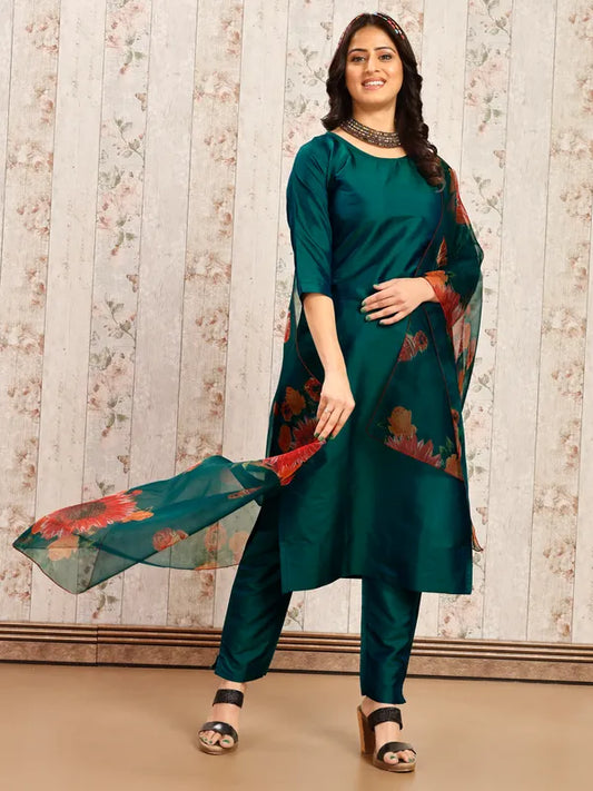 Elegant Teal Floral Kurti Set with Printed Organza Dupatta- Glamour by Subhasree