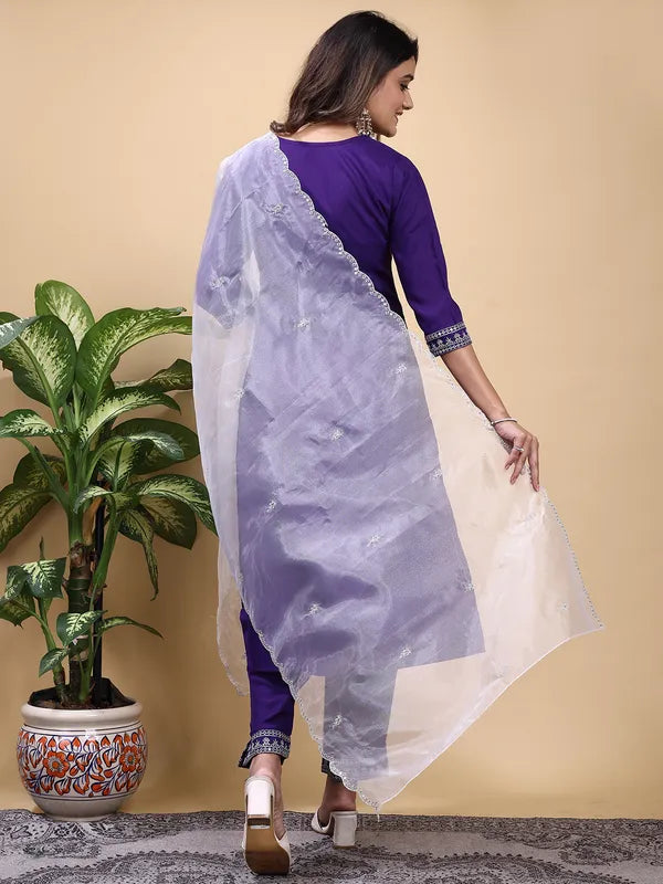 Elegant Purple Embroidered Kurti Set with Organza Dupatta