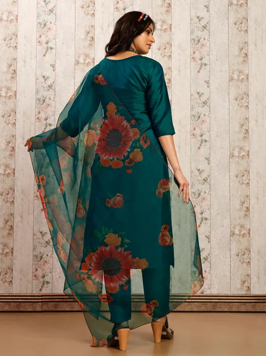 Elegant Teal Floral Kurti Set with Printed Organza Dupatta- Glamour by Subhasree